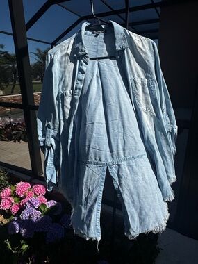 Velvet Heart Light Blue Denim Shacket with Frayed Hem